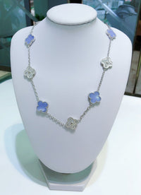 [Aethel]CLOVER 10 MOTIFS CHALCEDONY DIAMONDS SILVER NECKLACE